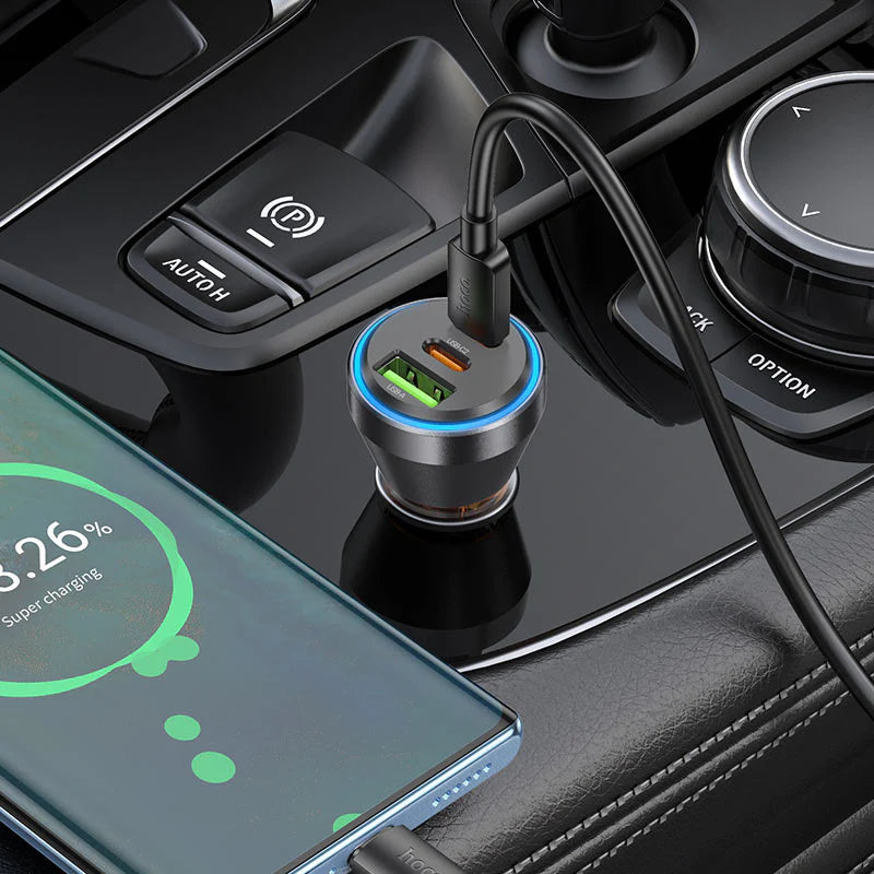 Hoco NZ12D 60W Car Charger Set – A powerful 3-port fast charger for vehicles, supporting USB-A and USB-C outputs with included cables for both Type-C and iPhone devices.